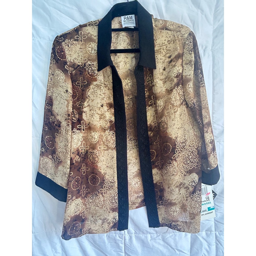 R&M Richards by Karen Kwong Women's Size 16 Brown Black Print‎ Kimono Jacket